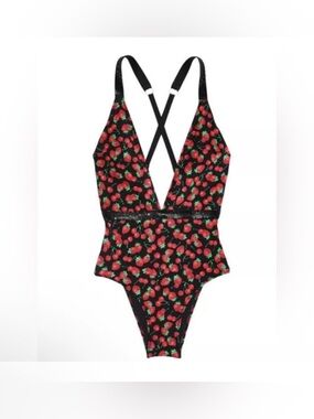 Victoria’s Secret Shine Strap Plunge One Piece Swimsuit Cherry Strawberry S NWT